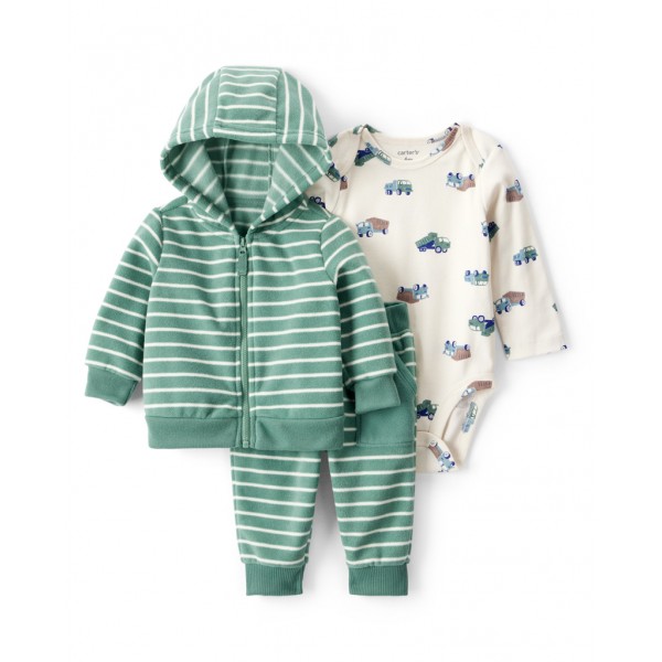 CARTER'S Set 3dielny fleece-body dl. rukáv ,mikina,nohavice green stripe chlapec NB/veľ.56