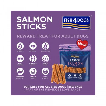 FISH4DOGS Maškrty pre psov LOVE s lososom - tyčinky 85 g