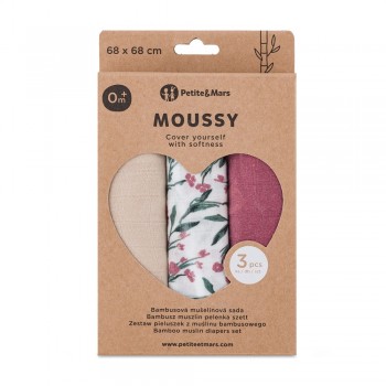 PETITE & MARS Sada plienok bambusová mušelínová 3ks Moussy Pink Meadow 68 x 68 cm