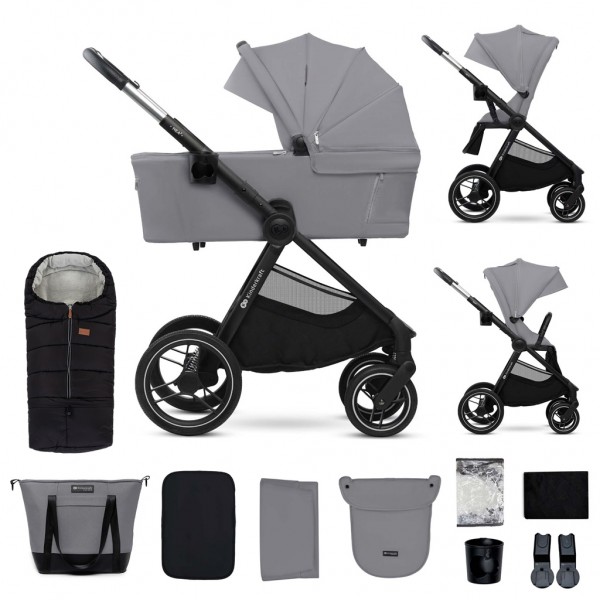 KINDERKRAFT Kočík kombinovaný Nea 2 2v1 Platinum Grey + Fusak 3v1 Jibot Horizontal Ink Black