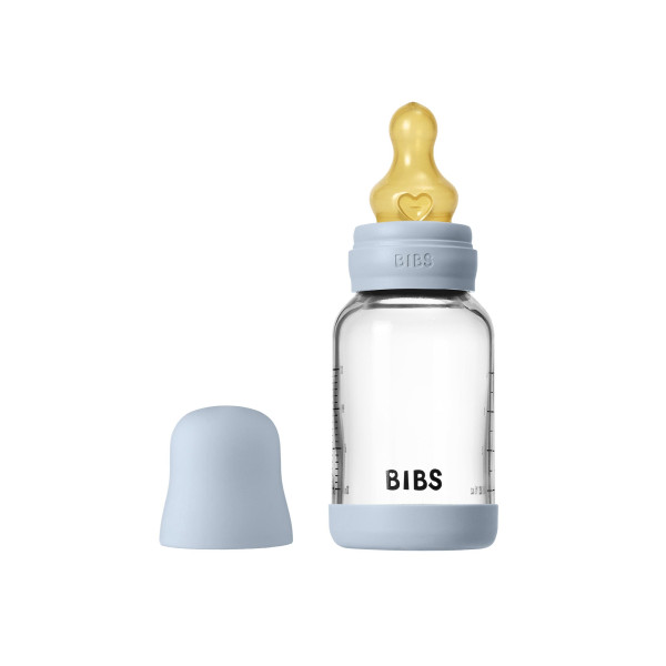 BIBS antikoliková sklenená fľaša s kaučukovým cumlíkom 120ml Baby Blue