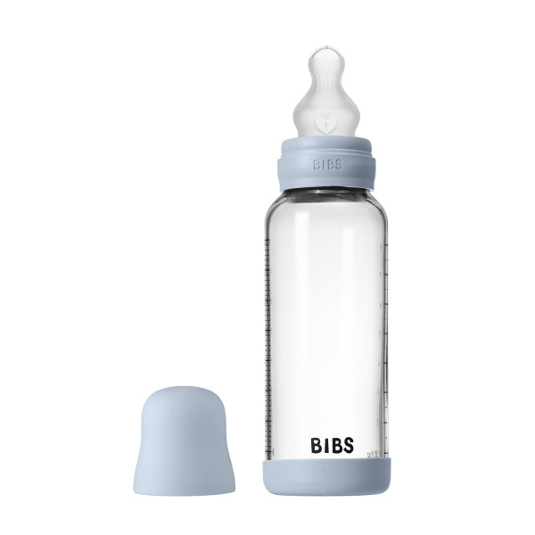 BIBS antikoliková sklenená fľaša so silikónovým cumlíkom 240ml Baby Blue