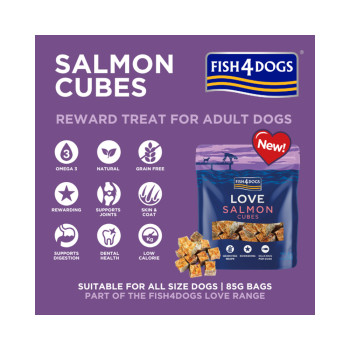FISH4DOGS Maškrty pre psov LOVE s lososom - kocky 85 g