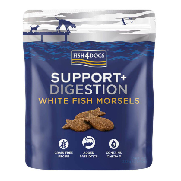 FISH4DOGS Maškrty pre psov SUPPORT+ podpora trávenia biela ryba s prebiotikami 225 g